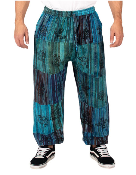 Pantaloni harem unisex in cotone azzurro patchwork