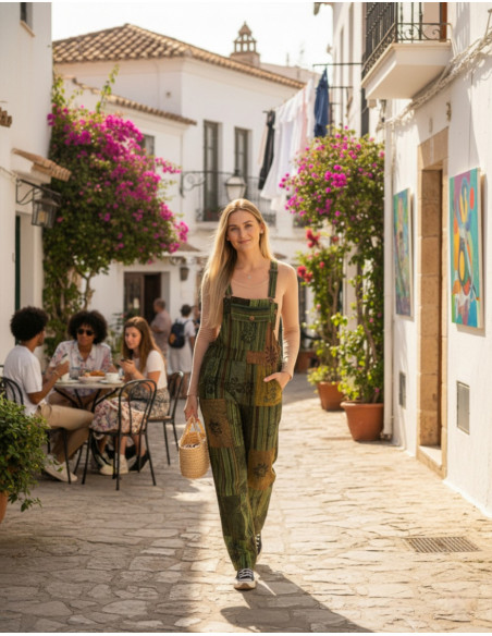 Unisex handgefertigter grüner Patchwork-Jumpsuit aus Baumwolle – Indischer Ethno-Stil