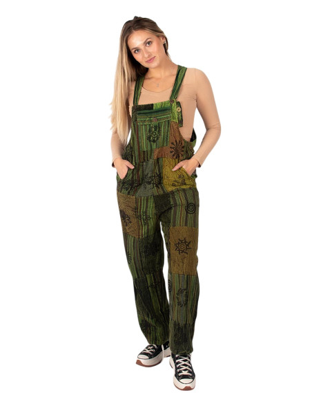 Unisex handgefertigter grüner Patchwork-Jumpsuit aus Baumwolle – Indischer Ethno-Stil