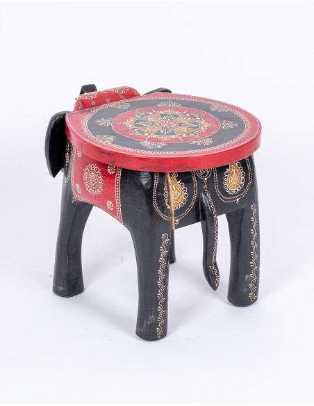 Banco artesanal preto e vermelho com cabeça de elefante