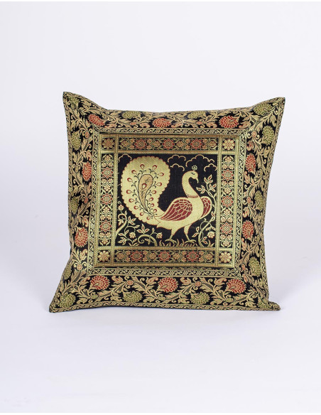 Black cushion cover with bird – Handmade ethnic decoration