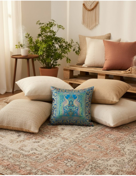 Capa de almofada azul-clara com pássaros – Decoração boho feita à mão