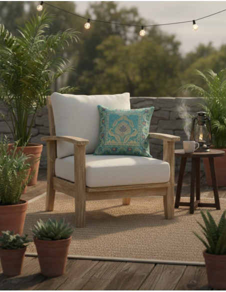 Turquoise cushion cover with birds and shield – Boho ethnic decor