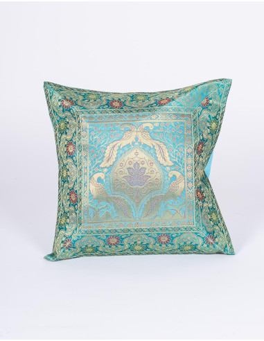 Turquoise cushion cover with birds and shield –...