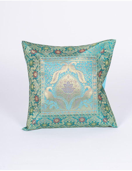Turquoise cushion cover with birds and shield – Boho ethnic decor