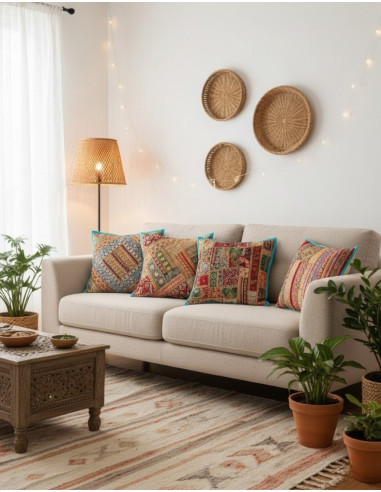 Cuscino azzurro con ricamo indiano a mano 40x40...