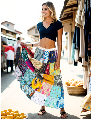 Saia longa indiana de algodão com patchwork –...