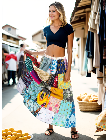 Gonna lunga in cotone indiano con patchwork – Stile etnico boho