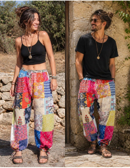 Calças Harem Indianas Patchwork – Unissex, Feitas à Mão em Algodão