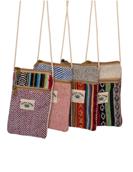 Kleine Hanf-Umhängetasche für Handys – Ethno-Boho-Stil