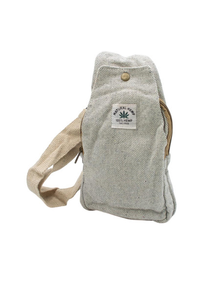 Mochila triangular de cânhamo natural e cinza – Unissex, feita à mão, estilo boho.