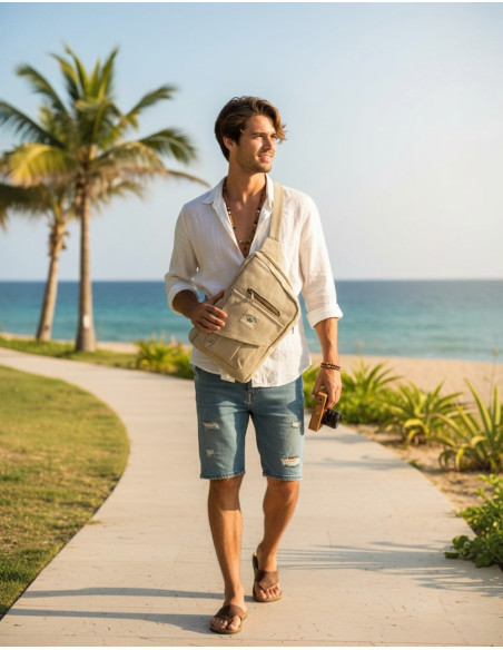 Mochila assimétrica de cânhamo natural – Unissex, feita à mão, estilo boho.