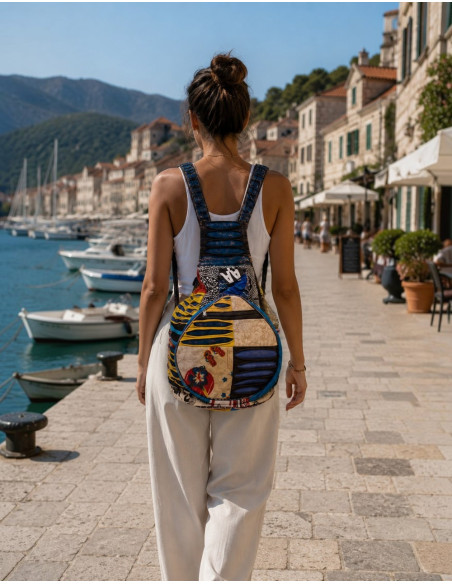 Hippie-Patchwork-Rucksack, der sich in ein Kissen verwandeln lässt – Indische Handwerkskunst