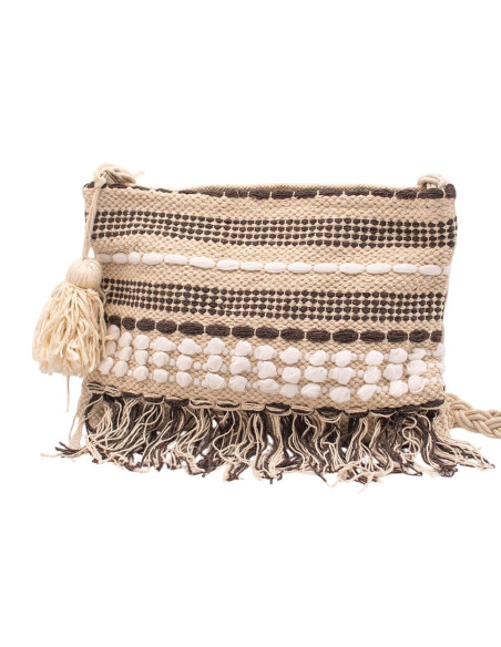 Bolsa transversal boho com franjas e pompons – design étnico feito à mão