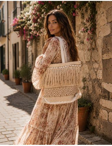 Borsa boho beige con frange...