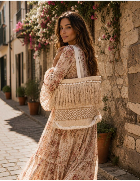 Borsa boho beige con frange e pon-pon – Kimago Indian Handicraft