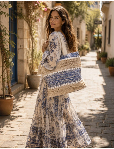 Bolsa Boho Azul com Pompons...
