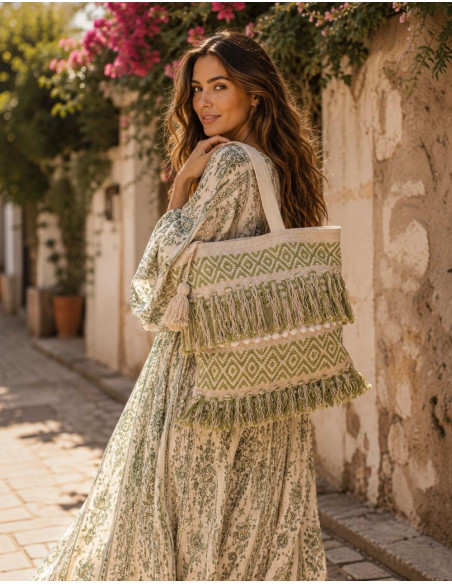 Sac bohème vert clair à pompons – Sac fait main d'inspiration indienne