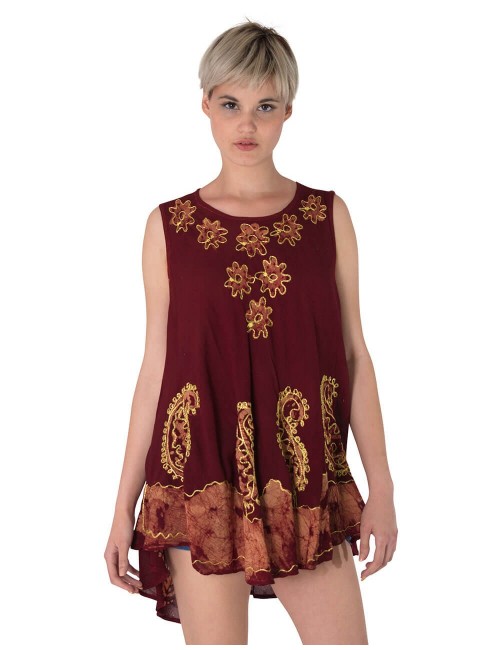Brown-T-Shirt-Frau-Ohne Ärmel-Ethnisch-Gemalt-Gestickt