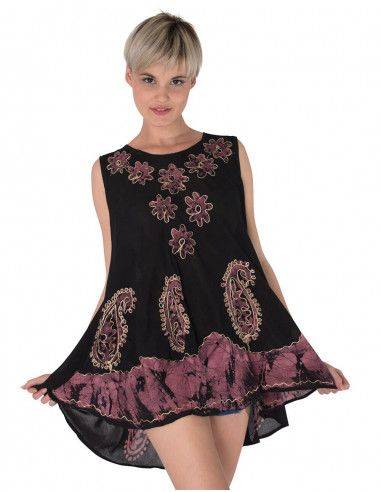 T-shirt-noir-femme-sans manche-ethnique-peint-brodé