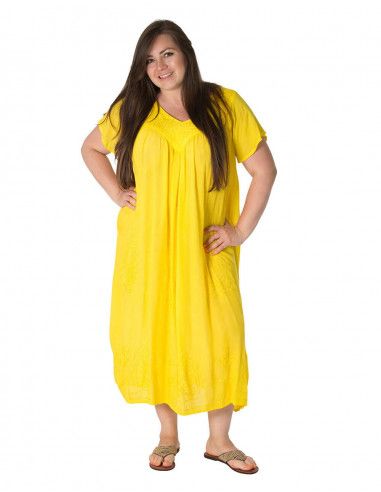 Bordado longo-vestido-mulher-mais-tamanho-amarelo-econômico