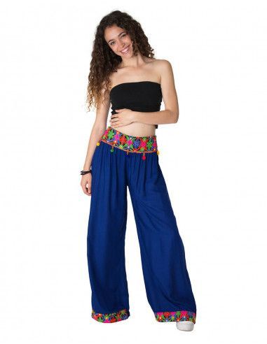 Pantalon-ibiza-taille-et-chevilles-brodé-bleu marine