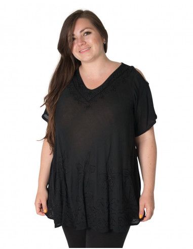 Bluse-plus-Größe-von-der-Schulter-Lachs