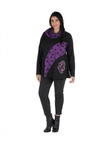 camicetta-donna-taglie forti-nero-viola-ricamo