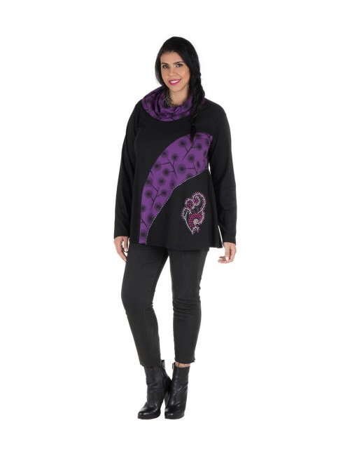 Bluse-Frau-plus-Größe-schwarz-lila-Stickerei