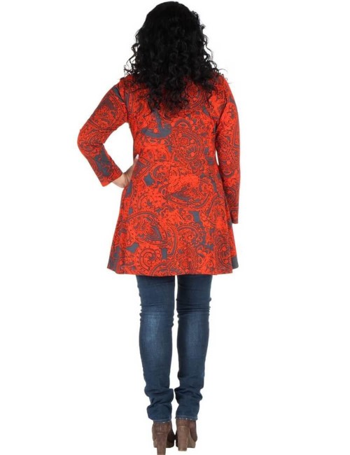 blusa mais tamanho-laranja-cinza-estampado-étnico-traseiro