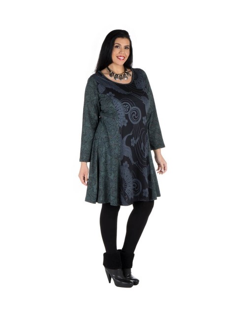 Abito-taglie forti-Nero-Stampa-fenix-grigio
