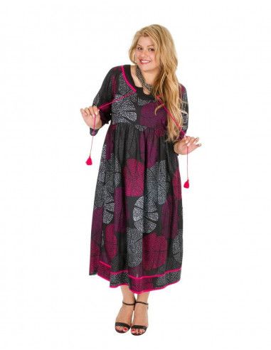 Dresses-printed-flared-midi-Sleeves-Decorative cords-Plus-sizes