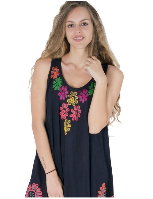 Kleid-Stickerei-Blumen-ärmellos-schwarz