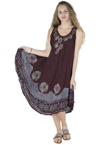 Kleid-Midi-Sommer-Stickerei-Blumen-ärmellos-braun