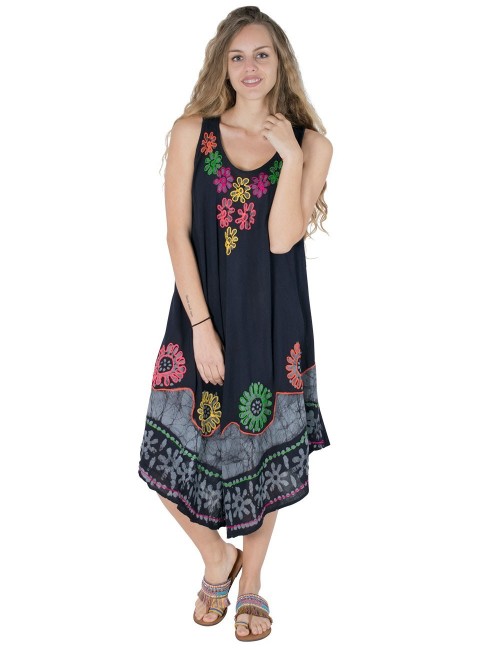 schwarz ärmelloses, floral besticktes Midikleid