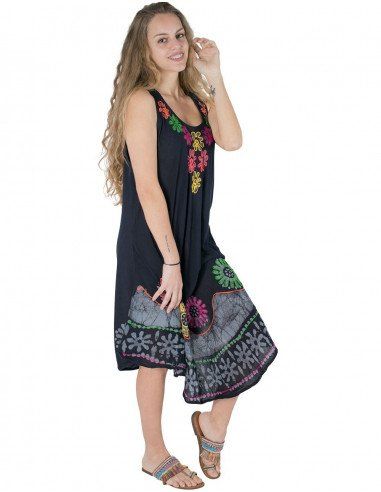 besticktes Kleid-Midi-Blumen-ärmelloses-schwarzes Profil