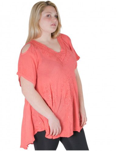 Bluse-plus-Größe-von-der-Schulter-Lachs
