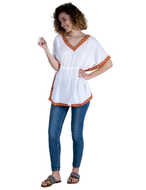 T-Shirt-Poncho-Sommer-Frau-Hippie-Weiß