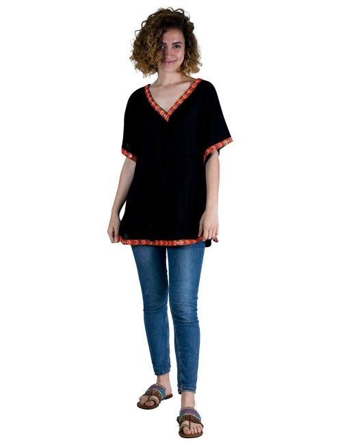 T-Shirt-Poncho-Sommer-Frau-Hippie-Schwarz