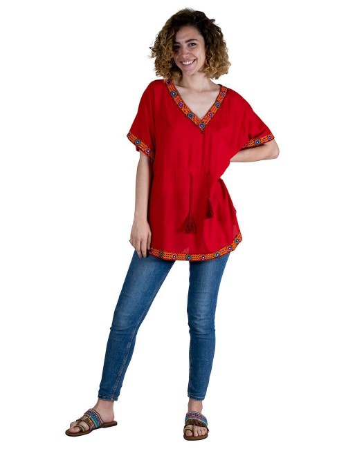 t-shirt-poncho-verão-mulher-hippie-vermelha