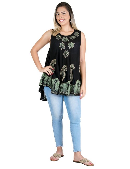 T-shirt-noir-femme-sans manche-ethnique-peint-vert