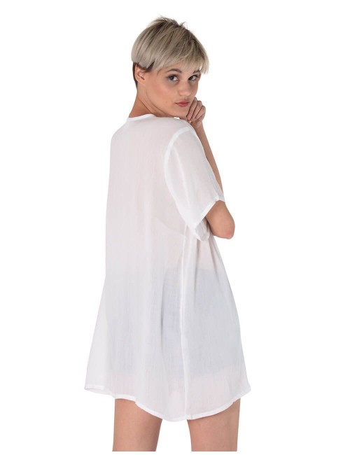 weiße Bluse-Strand-Pompons-vorne-hinten